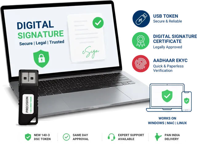 Class 3 digital signature certificate on a laptop with a USB token, Aadhaar eKYC and same-day approval