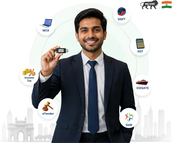 Global Signtech DSC expert holding a Class 3 DSC USB token, with GST, MCA, Income Tax, DGFT and eTender portals around him