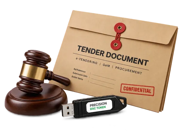 Tender document, gavel and Precision DSC token for eTendering
