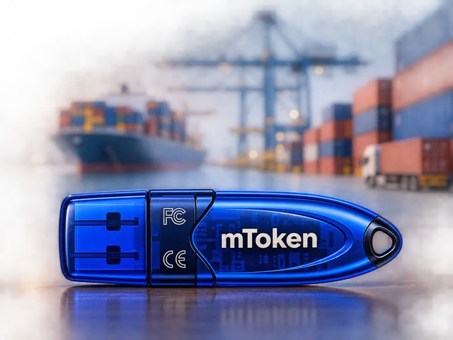 mToken DSC with a shipping port and containers for import-export