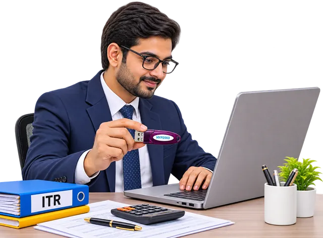 Professional filing an ITR on a laptop with a HYP2003 DSC token