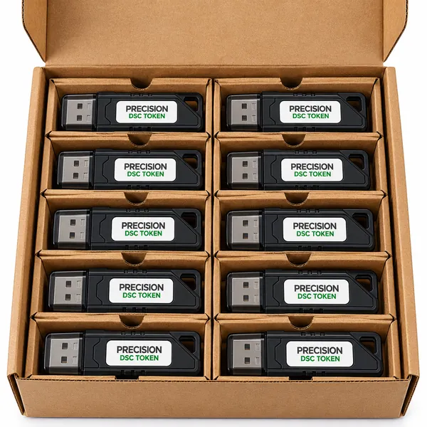 Box of DSC tokens packed for a company