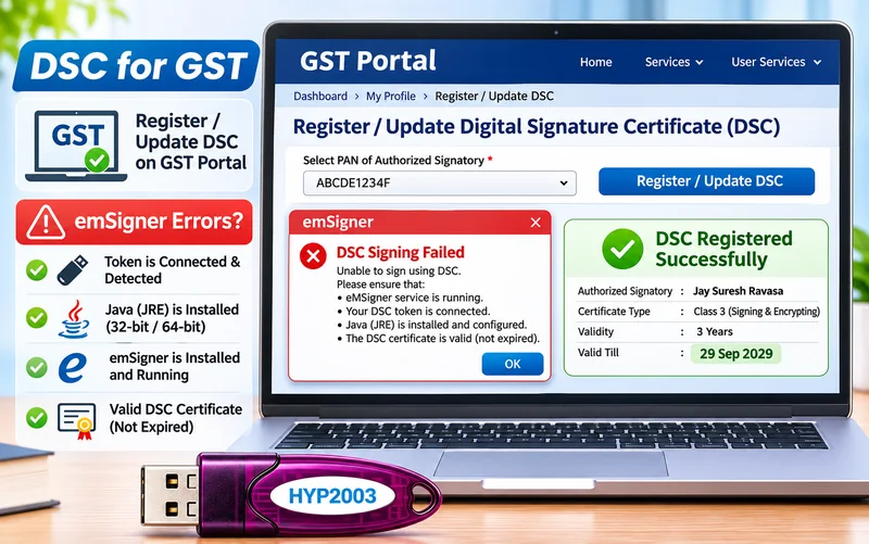 GST portal Register / Update DSC screen with emSigner troubleshooting