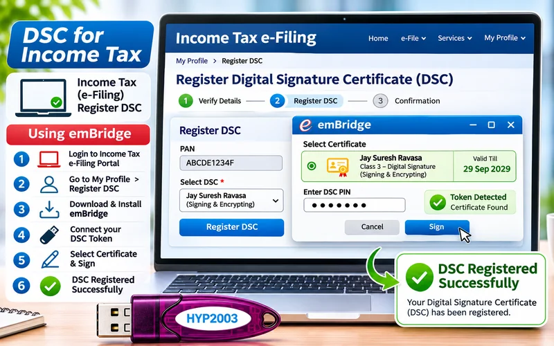 Income Tax e-filing Register DSC screen using emBridge