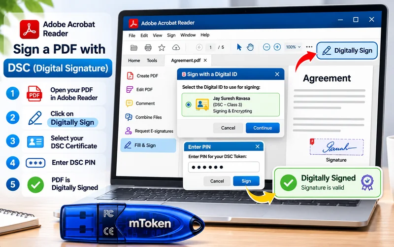 Selecting a DSC certificate and entering the token PIN in Adobe Reader
