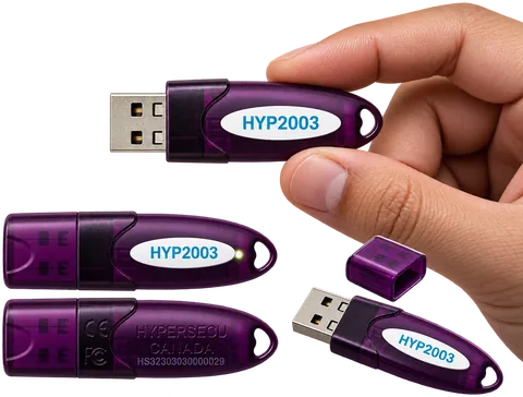 HyperSecU HYP2003 token front, back and cap views