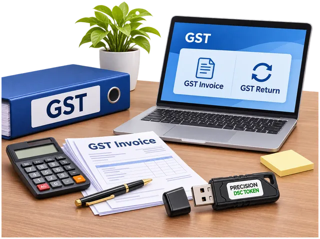 GST invoice and return files with a Precision DSC token on a desk