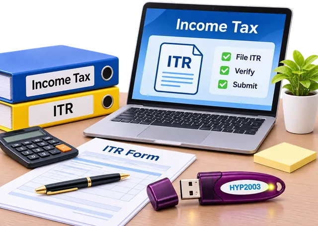 Income tax ITR form on a laptop with a HYP2003 DSC token