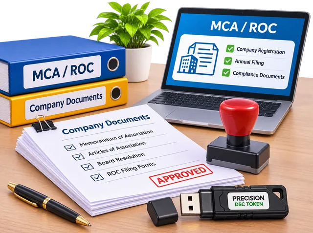 MCA ROC company documents with an approved stamp and DSC token
